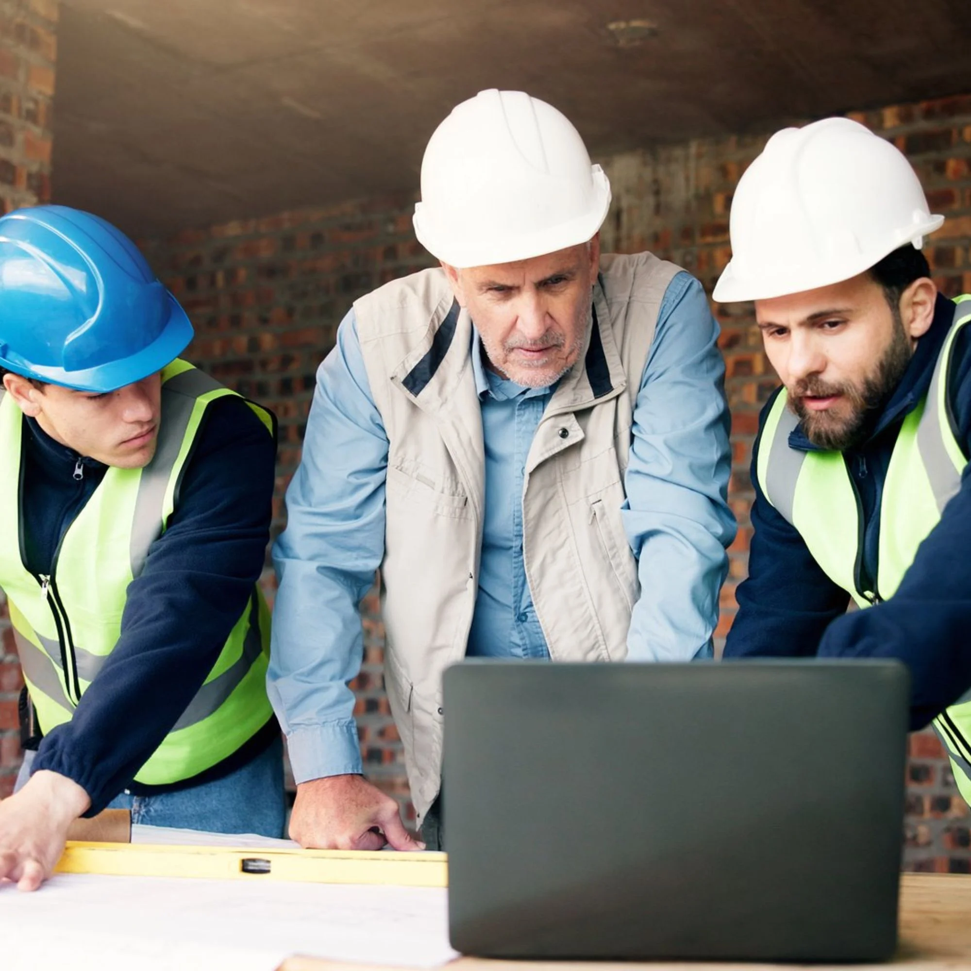 Construction team in hard hats planning a remodeling project together on a laptop