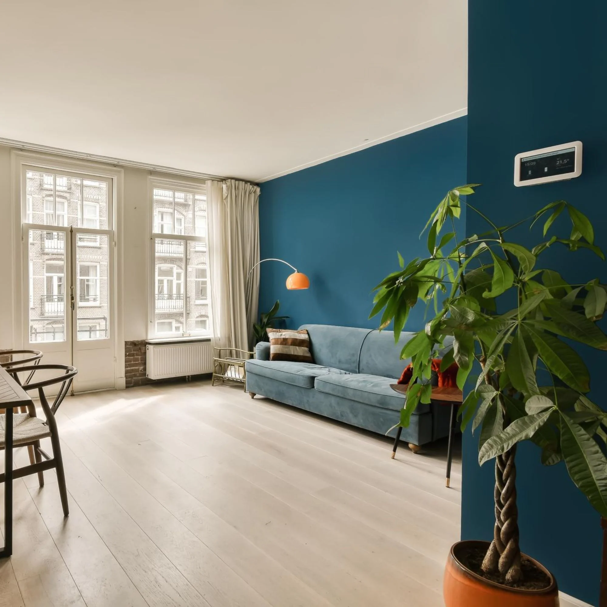 Freshly painted apartment interior with smooth blue walls