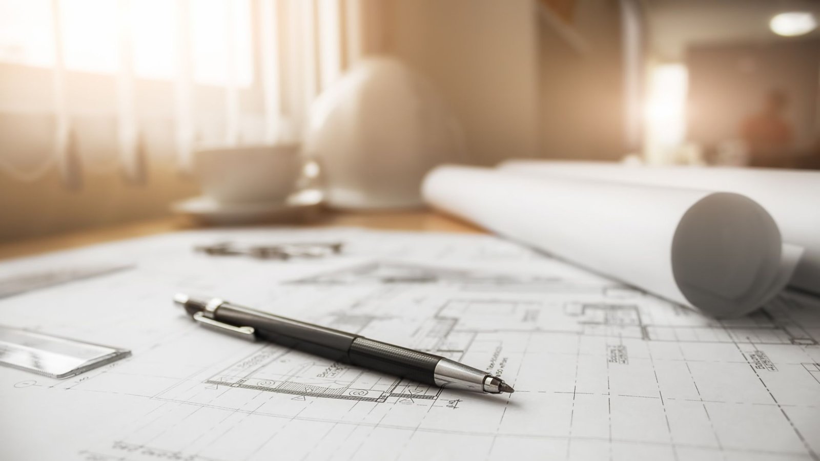 Remodeling blueprints, pencil, and hard hat on a desk while planning a home walkthrough